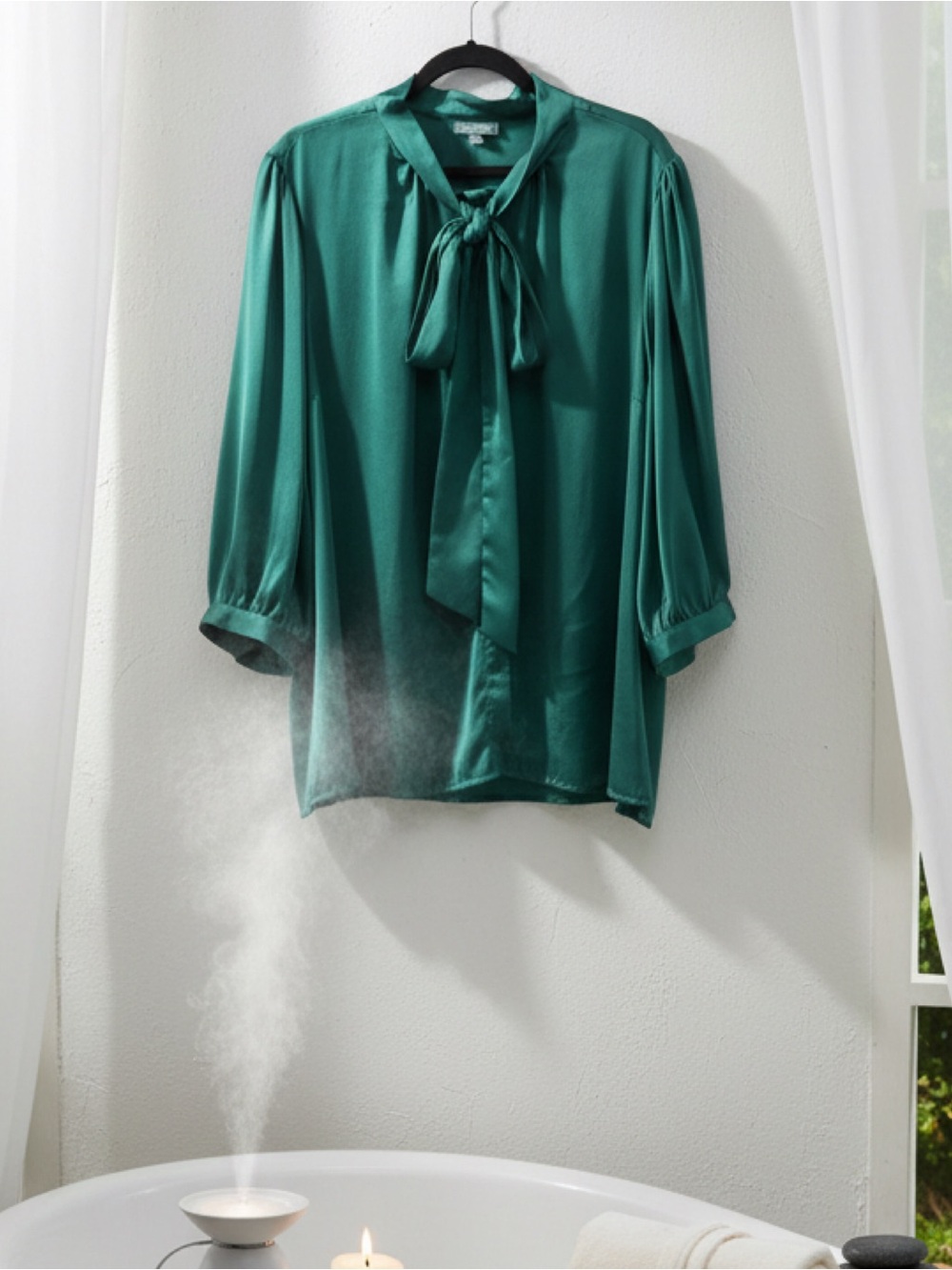 Satin Tie-Neck Blouse in Emerald Green • NWOT • 30" p2p, 30" length